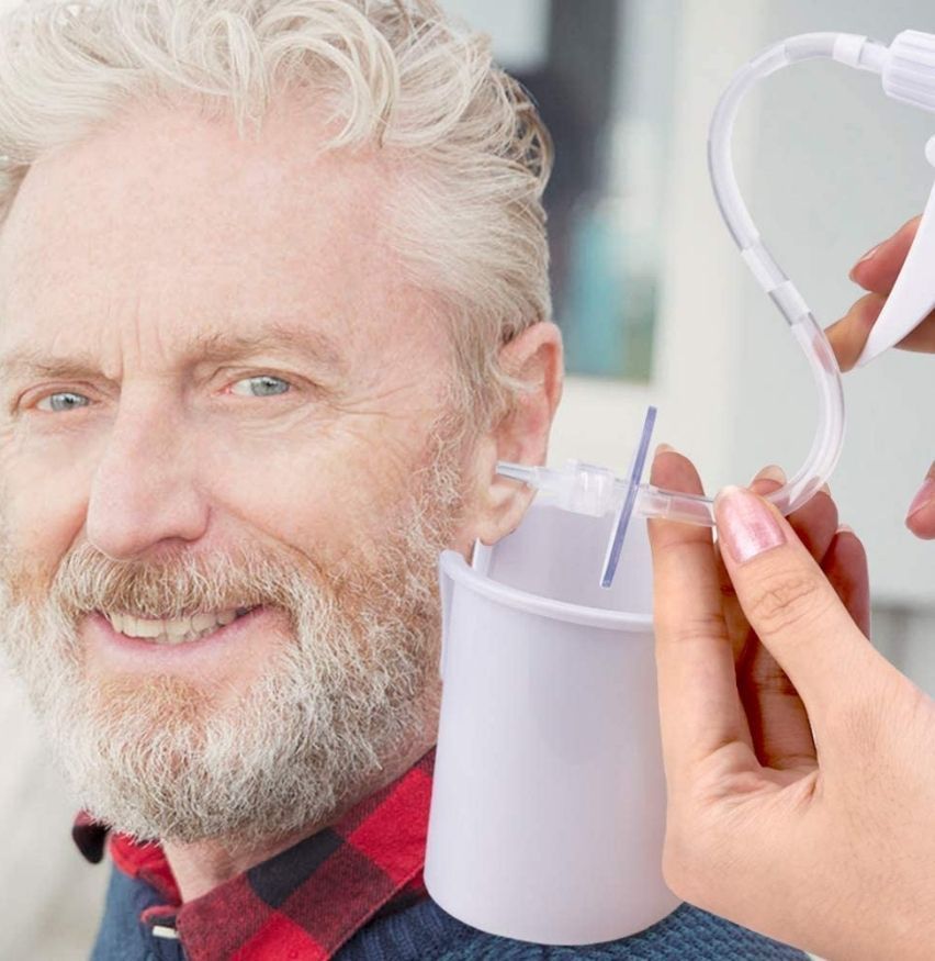 Ear washer kit with bottle, basin, tips and cleaning accessories
